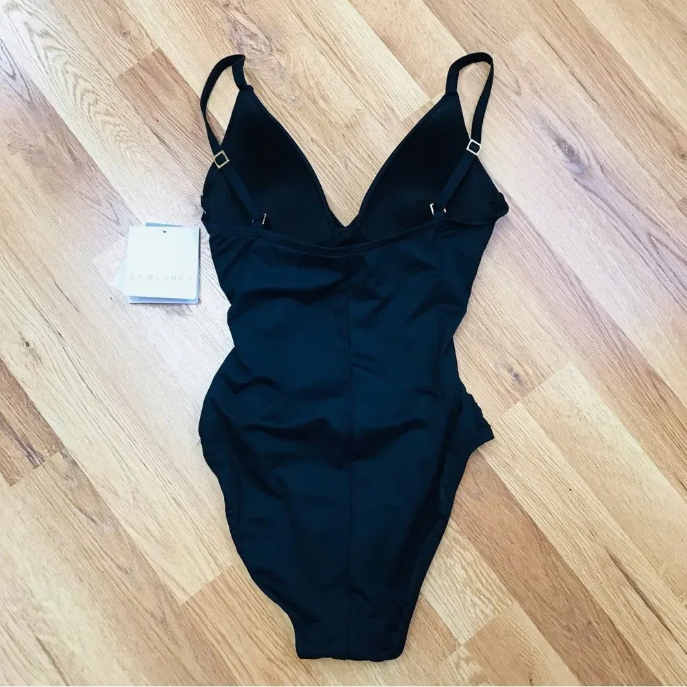 LA BLANCA Classic Black Ruched One Piece Swimsuit Cutout Twist Front Size‎ 2 New
